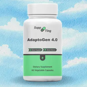 Single bottle of AdaptoGen 4.0 dietary supplement by SuppTing, featuring 60 vegetable capsules for mood support and stress relief.