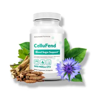 Bottle of CelluFend Blood Sugar Support supplement surrounded by natural herbs, roots, and blue chicory flowers.