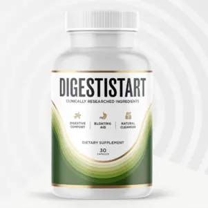 Single bottle of DigestiStart dietary supplement, highlighting benefits for digestive comfort, bloating aid, and natural cleansing with 30 capsules.