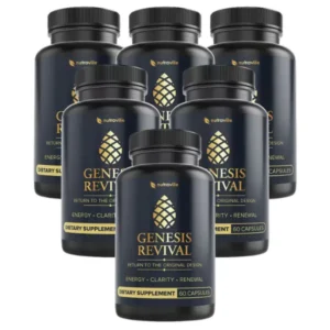 Six bottles of Genesis Revival dietary supplement by Nutraville, focused on energy, clarity, and renewal for natural vitality.