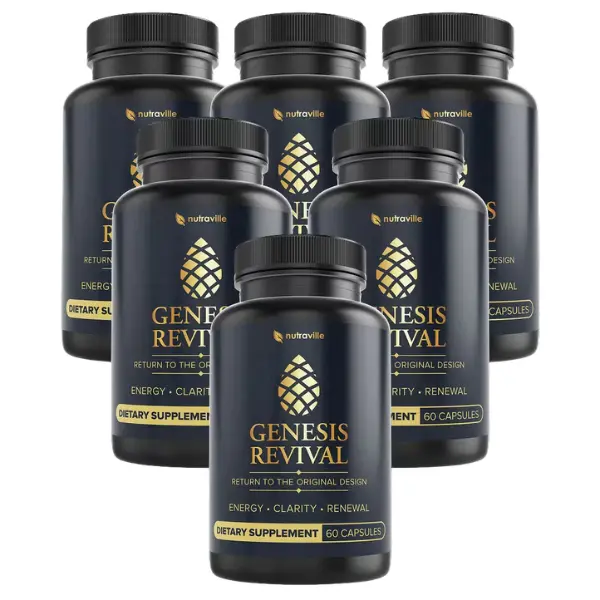 Six bottles of Genesis Revival dietary supplement by Nutraville, focused on energy, clarity, and renewal for natural vitality.