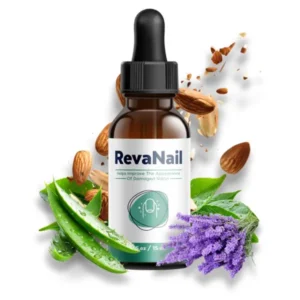 Infographic of RevaNail showing key natural ingredients: Almond oil, Flaxseed oil, Aloe vera, Lavender oil, Tea tree oil, and Lemongrass oil.