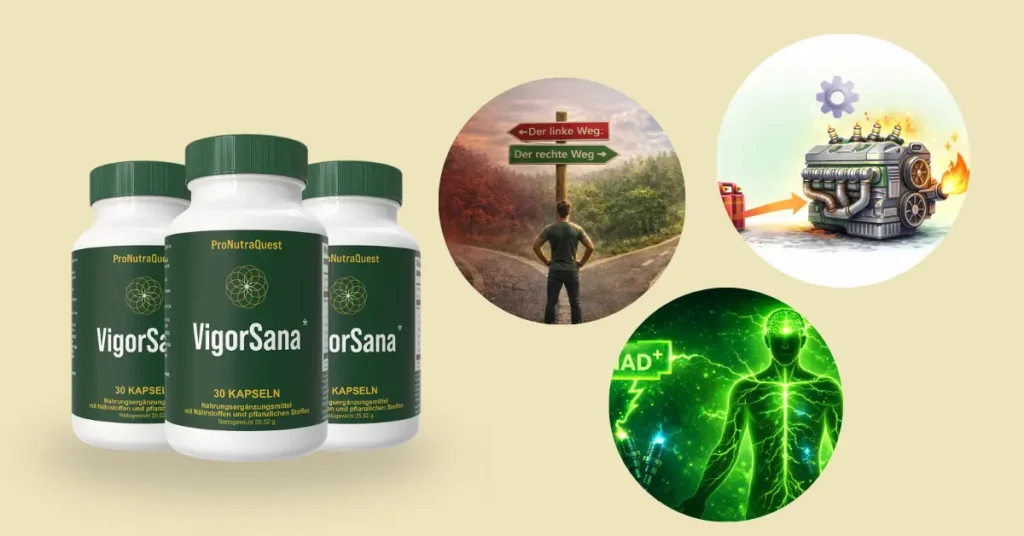 Conceptual graphic of VigorSana showing a man at a crossroads of health, an engine being fueled, and a human body glowing with energy.